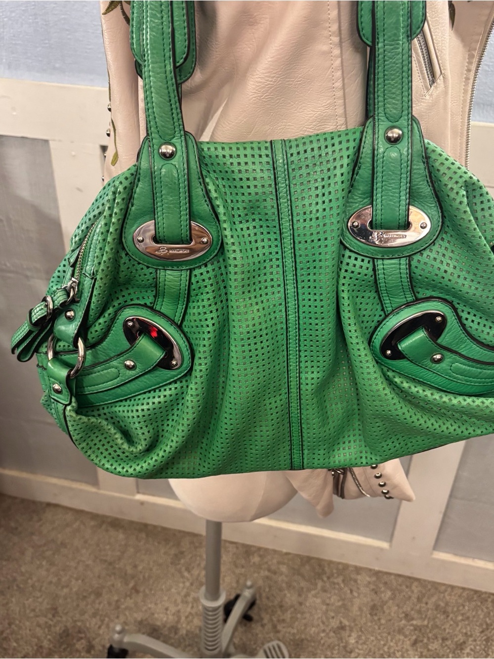 b. makowsky Green Perforated Shoulder Bag with Silver Hardware Large Leather